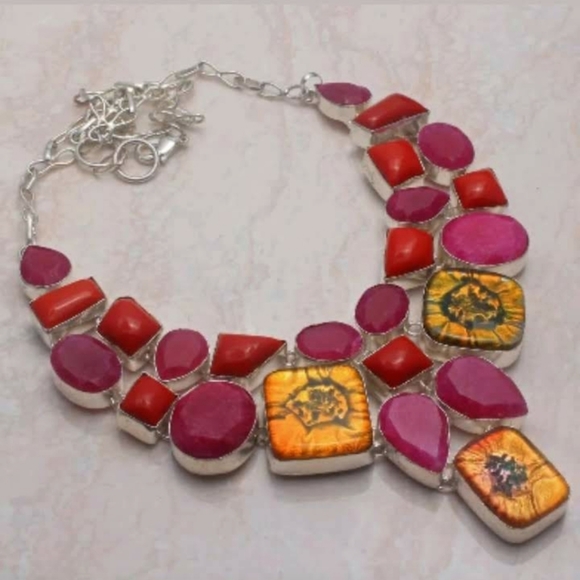 Handmade Jewelry - New Amazing Oversized Dichoric Glass, Ruby and Coral Silver Statement Necklace.